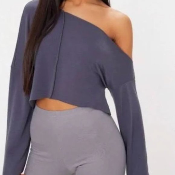 PrettyLittleThing Tops - PLT Slate Blue Off the Shoulder Crop Top
